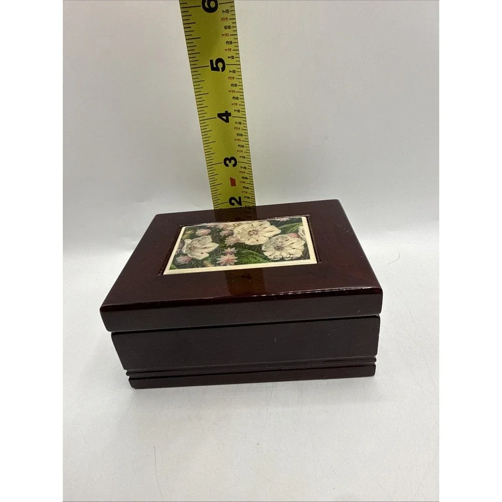Vintage Wooden Jewelry Box with Floral Tile Top Water Lilly